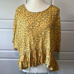 O'Neill Floral Print Peplum‎ Top Flowy Blouse Bohemian Yellow Medium